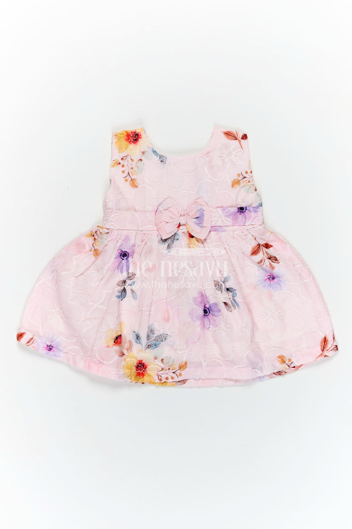 The Nesavu Baby Cotton Frocks Peach Birthday Frock for Baby Girls in Embroidered Cotton with Pastel Floral Print and Bow Nesavu 14 (6M) / Pink BFJ809A-14 Nesavu Peach Birthday Frock Baby Girls Embroidered Cotton Floral Print Bow Waist
