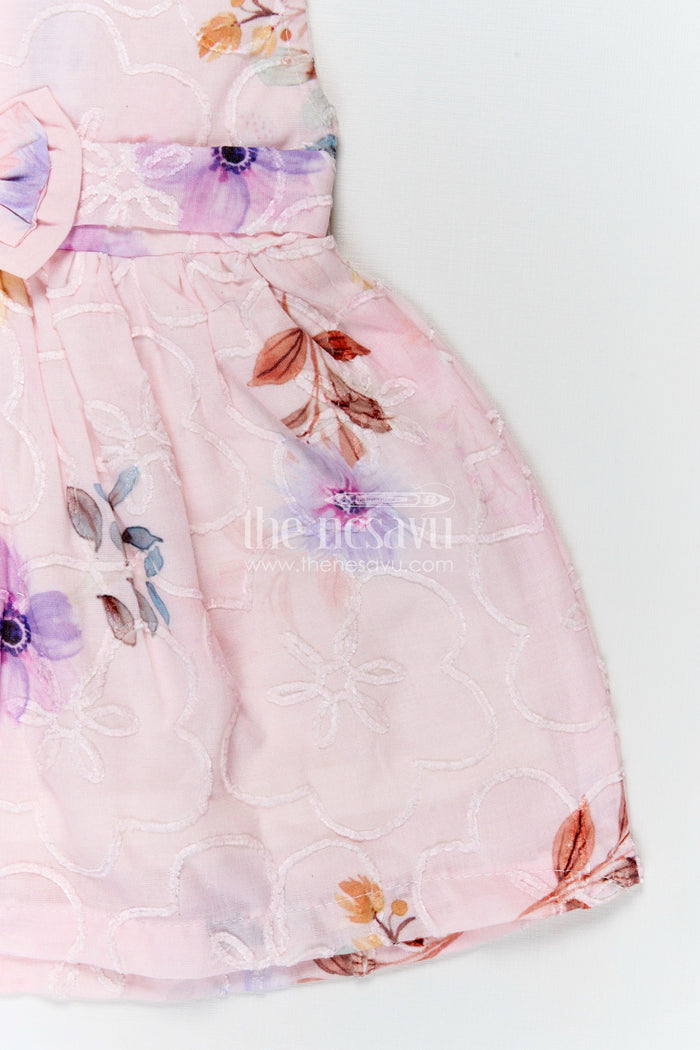 The Nesavu Baby Cotton Frocks Peach Birthday Frock for Baby Girls in Embroidered Cotton with Pastel Floral Print and Bow Nesavu Nesavu Peach Birthday Frock Baby Girls Embroidered Cotton Floral Print Bow Waist