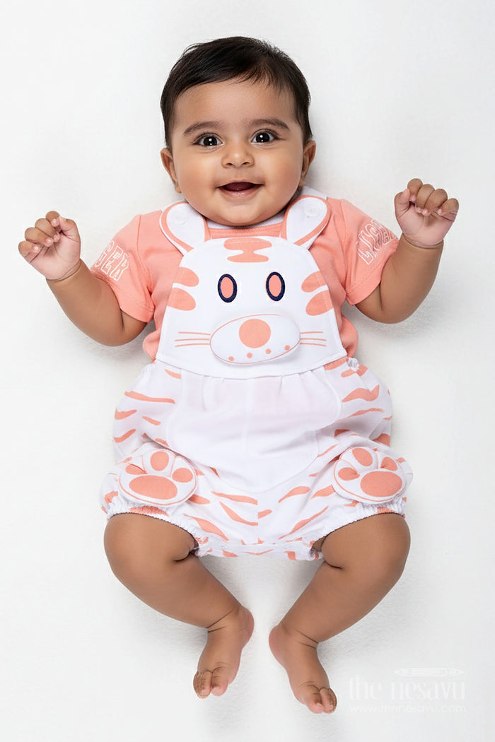 The Nesavu Boys Casual Set Peach Casual Outfit for Boys in Soft Cotton with Animal Digital Print and Bunny Dungaree Style Nesavu 14 (6M) / Peach BCS293A-14 Nesavu Peach Casual Outfit Baby Boys White Bunny Print Cotton Dungaree Set