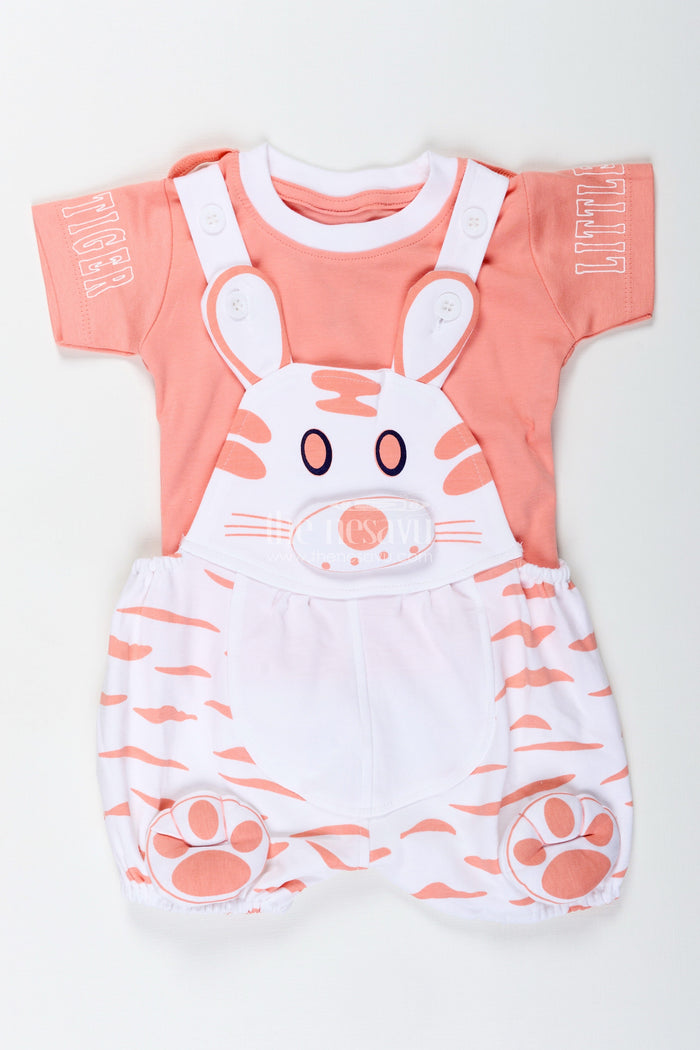 The Nesavu Boys Casual Set Peach Casual Outfit for Boys in Soft Cotton with Animal Digital Print and Bunny Dungaree Style Nesavu Nesavu Peach Casual Outfit Baby Boys White Bunny Print Cotton Dungaree Set