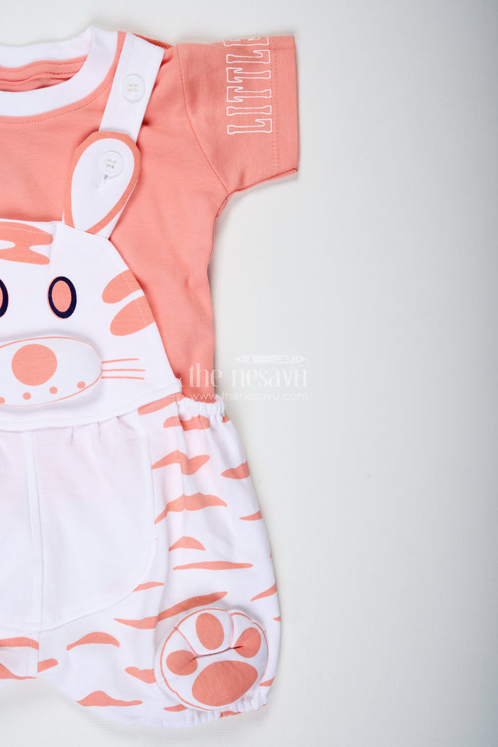 The Nesavu Boys Casual Set Peach Casual Outfit for Boys in Soft Cotton with Animal Digital Print and Bunny Dungaree Style Nesavu Nesavu Peach Casual Outfit Baby Boys White Bunny Print Cotton Dungaree Set