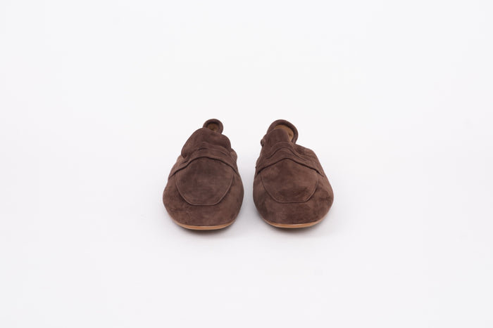 Front shot of womens brown suede stretch-back loafer in large size 42-46