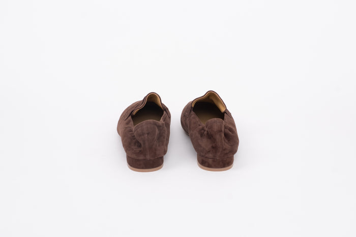 Back shot of penny brown suede brown loafer shoe in larger sizes 42-46