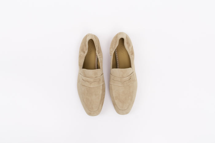 Aerial shot of womens beige latte coloured suede loafer in large sizes for big feet in 42 43 44 45 46