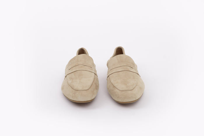 Front shot of womens beige suede stretch-back large sized flat shoe in sizes 8-12