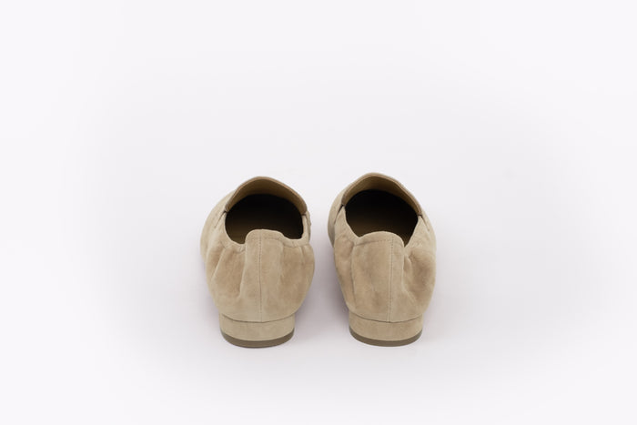 Back shot of latte suede flat loafer womens shoe available in large sizes 8 9 10 11 12