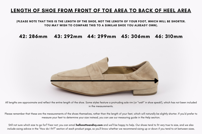 Measurement diagram displaying lengths of womens large size shoes in sizes 42,43,44,45 and 46.