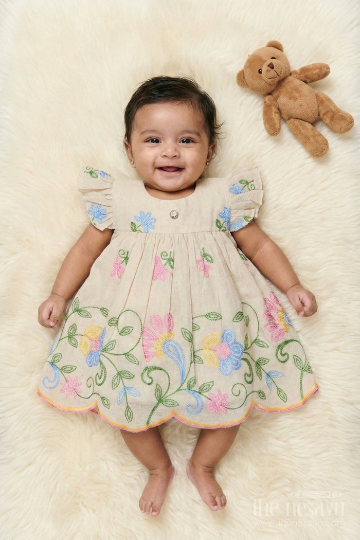 The Nesavu Baby Cotton Frocks Pink Baby Frock with Vibrant Floral Embroidery and Scalloped Hem Nesavu 14 (6M) / Pink BFJ902A-14 Nesavu pink embroidered baby frock with scalloped hem and floral design
