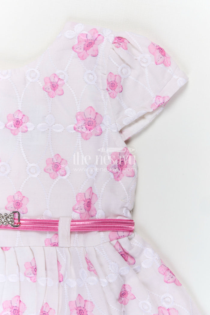 The Nesavu Baby Cotton Frocks Pink Colour Newborn Outfit in Embroidered Hakoba with Floral Motifs and Satin Waistband Nesavu Nesavu Pink Colour Newborn Cotton Outfit Floral Embroidery Satin Bow Hakoba Fabric