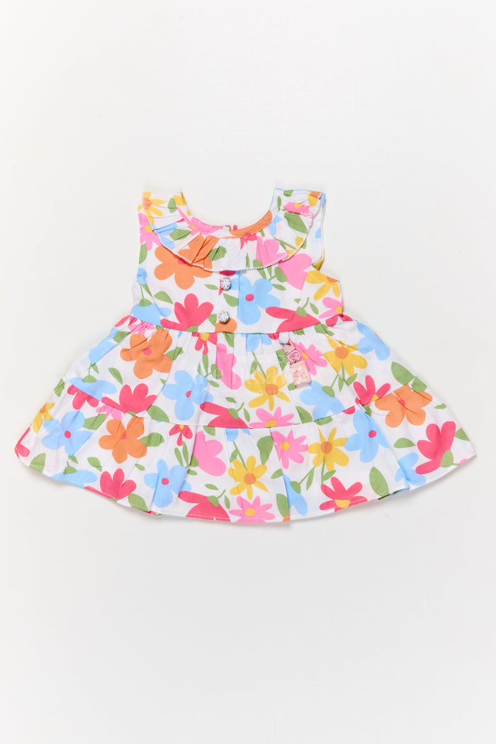The Nesavu Baby Cotton Frocks Pink Floral Digital Print Baby Frock with Ruffle Neckline Nesavu 14 (6M) / Pink BFJ903A-14 Nesavu pink floral cotton frock with ruffle and digital print for baby girls