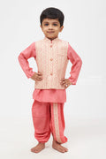 The Nesavu Boys Jacket Sets Pink Panache: Resham Embroidered Overcoat & Soft Pink Kurta with Traditional Panchagajam for Boys Nesavu Designer Boys Ethnic Kurta Panchagajam set | Latest Collection | The Nesavu