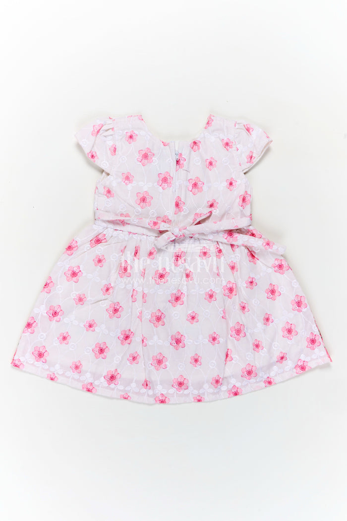 The Nesavu Baby Cotton Frocks Pinks Baby Outfits in Hakoba Cotton with Floral Embroidery and Satin Belt for Newborn Girls Nesavu Nesavu Pinks Baby Cotton Outfits Floral Embroidery Satin Belt Hakoba Fabric Newborn Girls