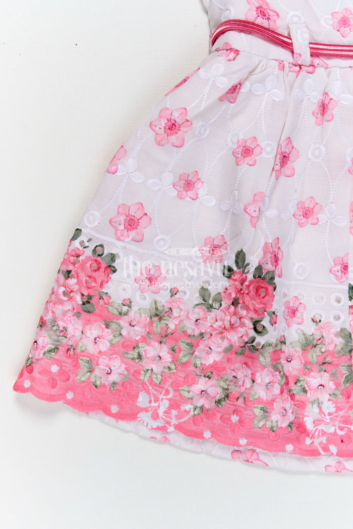 The Nesavu Baby Cotton Frocks Pinks Baby Outfits in Hakoba Cotton with Floral Embroidery and Satin Belt for Newborn Girls Nesavu Nesavu Pinks Baby Cotton Outfits Floral Embroidery Satin Belt Hakoba Fabric Newborn Girls