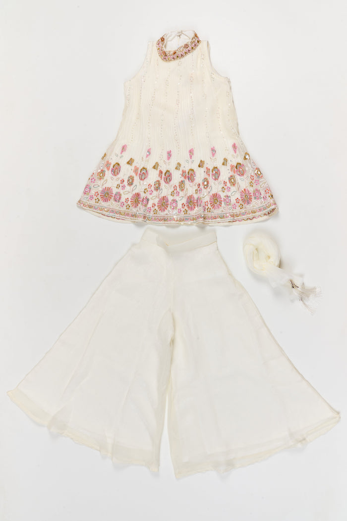 The Nesavu Girls Sharara / Plazo Set Pleated Georgette Sharara Set for Girls with Thread Embroidery for Milestone Moments Nesavu Nesavu pleated georgette sharara set with thread embroidery and dupatta – perfect for birthdays and naming ceremonies