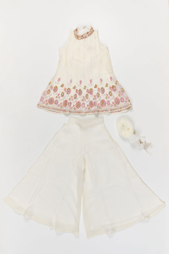 The Nesavu Girls Sharara / Plazo Set Pleated Georgette Sharara Set for Girls with Thread Embroidery for Milestone Moments Nesavu Nesavu pleated georgette sharara set with thread embroidery and dupatta – perfect for birthdays and naming ceremonies