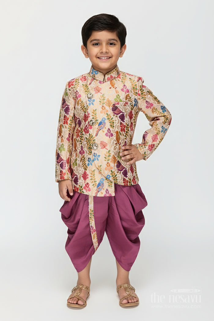 The Nesavu Boys Dothi Set Printed Kurta Pajama Set for Boys Ideal for Ethnic Day and Family Celebrations Nesavu Nesavu boys printed kurta pajama set soft silk blend ethnic day festive wear