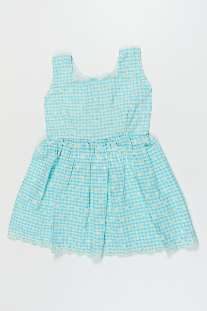 The Nesavu Girls Cotton Frock Pure Cotton Checked Frock for Girls with Delicate Chikankari Embroidery Nesavu 18 (2Y) / Blue / style 1 GFC2080AA-18 Nesavu pure cotton girls frock with gingham checks and chikankari-style floral embroidery