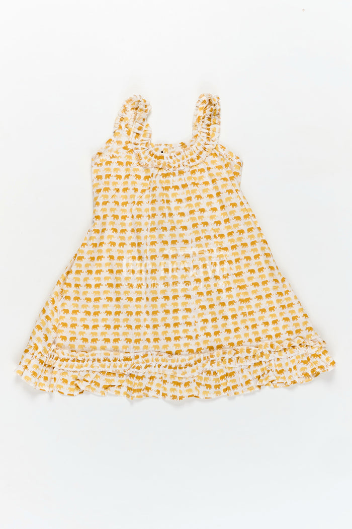 The Nesavu Girls Cotton Frock Pure Cotton Frock for Girls with Hand Block Geometric Print and Frill Detail in Sunshine Yellow Nesavu 18 (2Y) / Yellow GFC1795A-18 Nesavu Pure Cotton Frock Girls Yellow Geometric Hand Block Print Soft Frill Hem