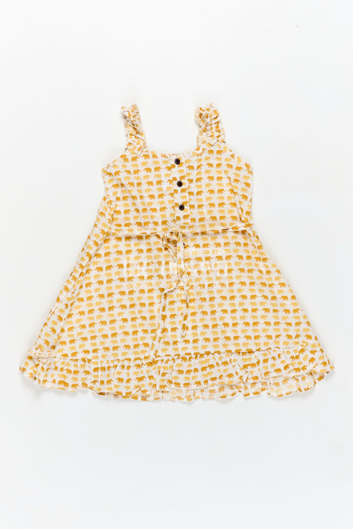 The Nesavu Girls Cotton Frock Pure Cotton Frock for Girls with Hand Block Geometric Print and Frill Detail in Sunshine Yellow Nesavu Nesavu Pure Cotton Frock Girls Yellow Geometric Hand Block Print Soft Frill Hem