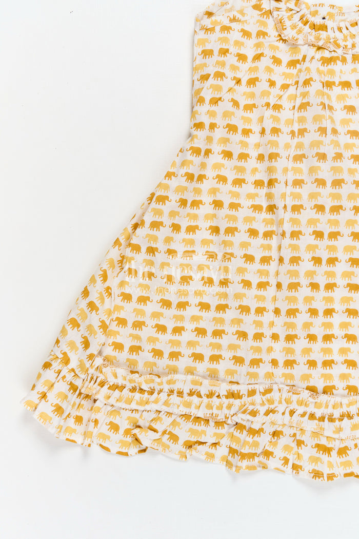 The Nesavu Girls Cotton Frock Pure Cotton Frock for Girls with Hand Block Geometric Print and Frill Detail in Sunshine Yellow Nesavu Nesavu Pure Cotton Frock Girls Yellow Geometric Hand Block Print Soft Frill Hem
