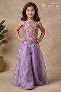 The Nesavu Girls Sharara / Plazo Set Purple Casual Dress Girls Sharara Set with Designer Embroidered Organza Top and Flowing Plazo Pants Nesavu 16 (1Y) / Purple GPS419D-16 Nesavu Purple Casual Dress Girls Embroidered Sharara Set Glazed Organza Plazo Pants Dupatta