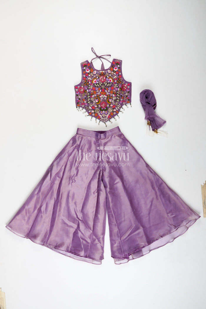 The Nesavu Girls Sharara / Plazo Set Purple Casual Dress Girls Sharara Set with Designer Embroidered Organza Top and Flowing Plazo Pants Nesavu Nesavu Purple Casual Dress Girls Embroidered Sharara Set Glazed Organza Plazo Pants Dupatta