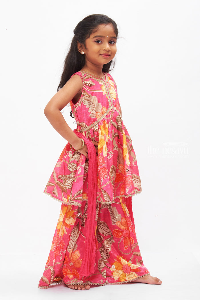 The Nesavu Girls Sharara / Plazo Set Radiant Fuchsia Floral Gharara Set with Silver Sequin Embellishments for Girls Nesavu Buy Girls Fuchsia Sequined Gharara Set | Vibrant Floral Party Wear | The Nesavu