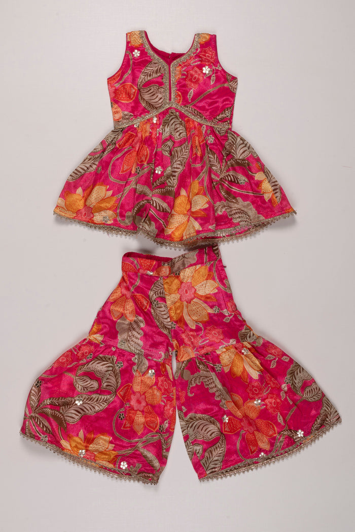 The Nesavu Girls Sharara / Plazo Set Radiant Fuchsia Floral Gharara Set with Silver Sequin Embellishments for Girls Nesavu 16 (1Y) / Pink GPS258B-16 Buy Girls Fuchsia Sequined Gharara Set | Vibrant Floral Party Wear | The Nesavu