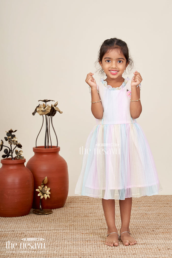 The Nesavu Girls Fancy Frock Rainbow pastel girls net frock with shimmer and flower brooch Nesavu 20 (3Y) / Multicolor GFC1954A-20 Nesavu pastel rainbow shimmer net frock for girls with flower brooch and hairband
