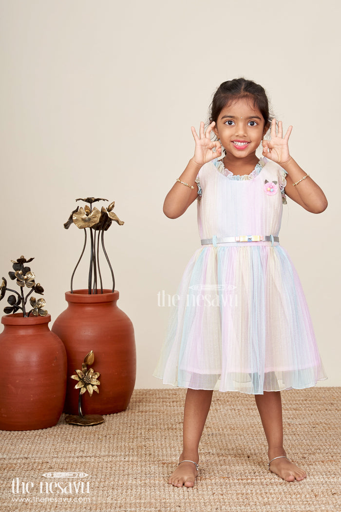 The Nesavu Girls Fancy Frock Rainbow pastel girls net frock with shimmer and flower brooch Nesavu Nesavu pastel rainbow shimmer net frock for girls with flower brooch and hairband