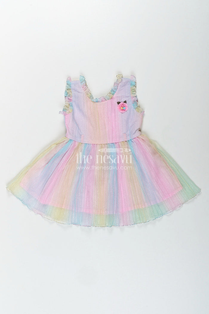 The Nesavu Girls Fancy Frock Rainbow pastel girls net frock with shimmer and flower brooch Nesavu Nesavu pastel rainbow shimmer net frock for girls with flower brooch and hairband