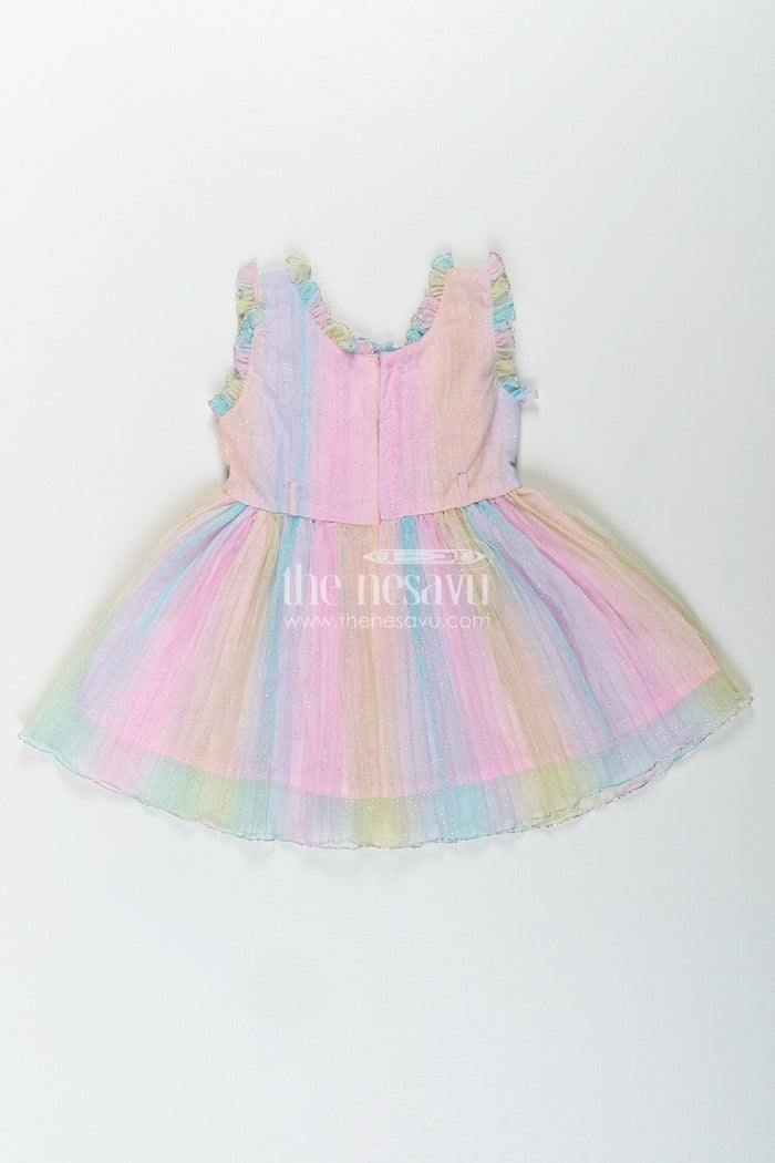 The Nesavu Girls Fancy Frock Rainbow pastel girls net frock with shimmer and flower brooch Nesavu Nesavu pastel rainbow shimmer net frock for girls with flower brooch and hairband