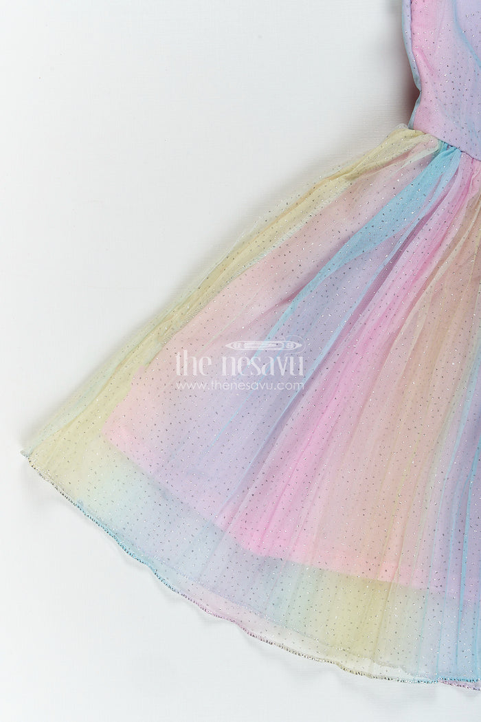 The Nesavu Girls Fancy Frock Rainbow pastel girls net frock with shimmer and flower brooch Nesavu Nesavu pastel rainbow shimmer net frock for girls with flower brooch and hairband