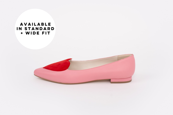 Side shot of womens large size pink and red leather flat love heart shoes available in larger sizes 42-46, standard and wide fit.