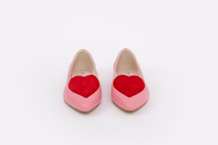 Front shot of womens pink and red love heart flat shoes in larger sizes 8 9 10 11 12