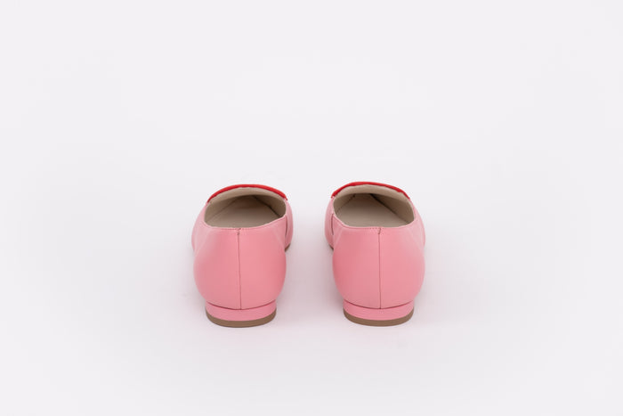 back shot of womens large sized pink and red heart flats available in larger UK sizes 8-12