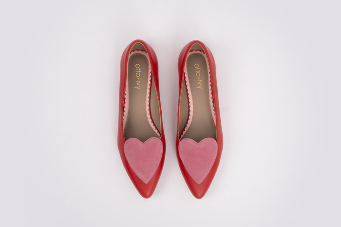 Aerial shot of large sized womens red pink flat shoe in UK sizes 8-12