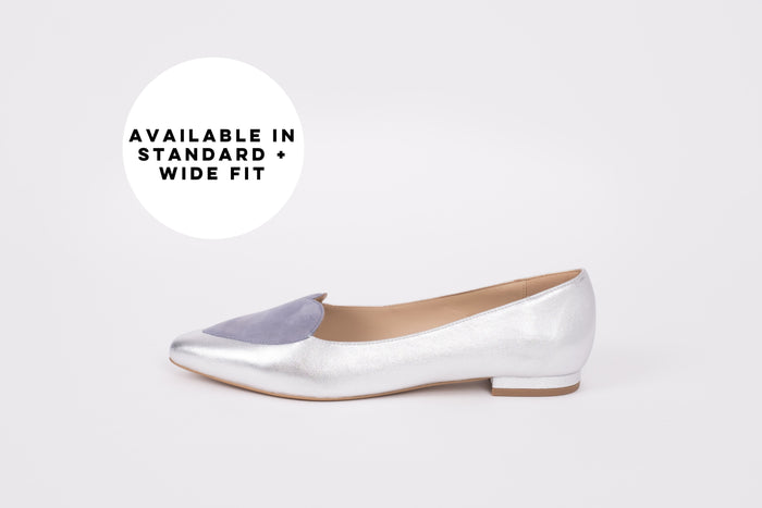 Side profile of Rosie flats in Silver, with a blue heart detail on front. Available in womens larger sizes 42-46, standard and wide fit.