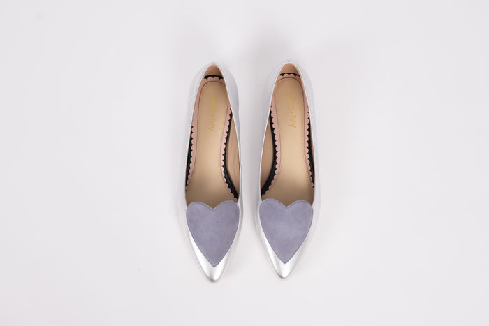 Aerial view of Rosie Flats in silver. Suede blue heart detail on front. Womens footwear available in larger sizes UK 8-12