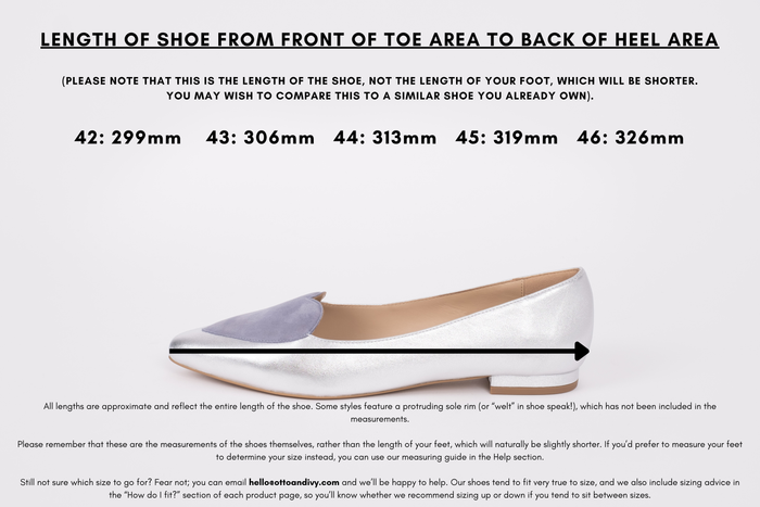 Measurement diagram displaying lengths of womens large size shoes in sizes 42,43,44,45 and 46.