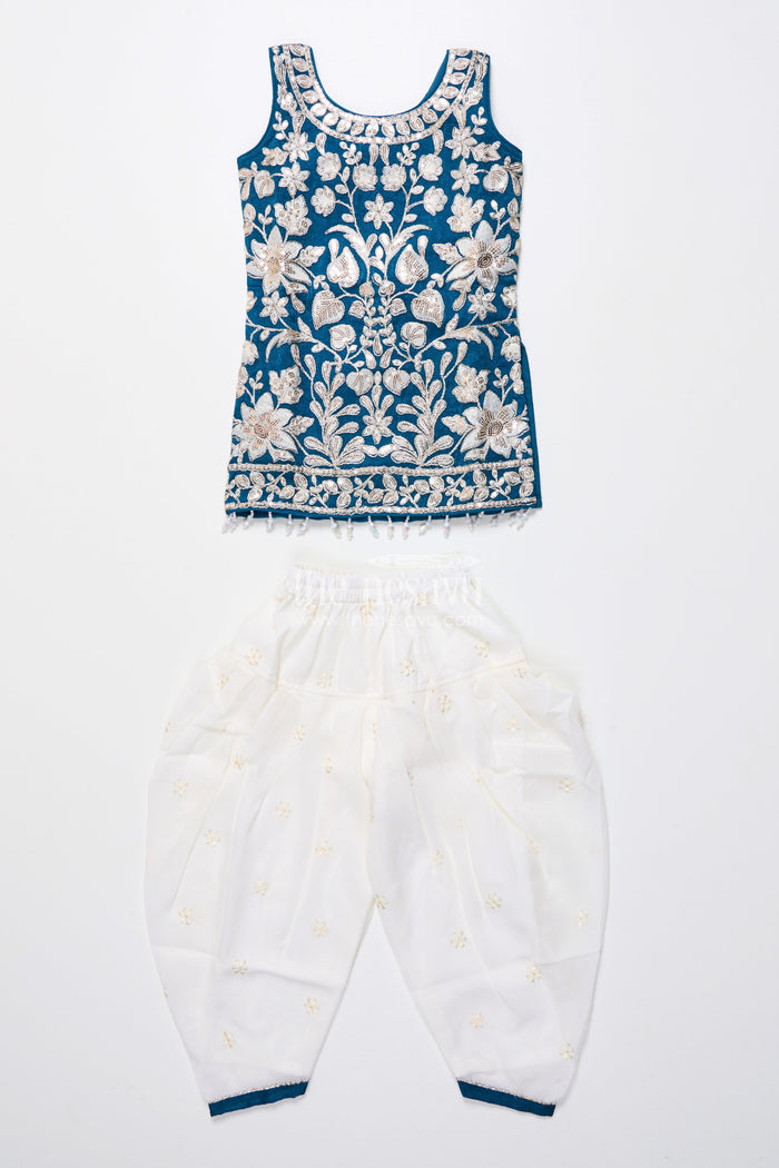 The Nesavu Girls Dothi Sets Royal Blue Embroidered Kurti Set with Dhoti Pants Nesavu Nesavu navy blue embroidered kurti dhoti pants  girls ethnic dress