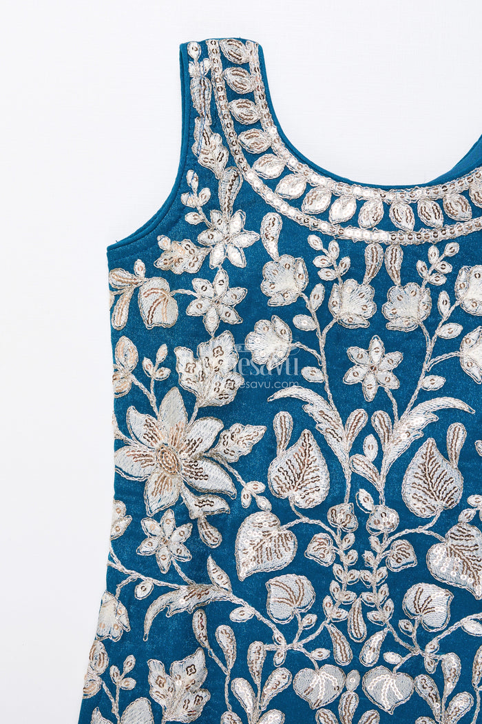 The Nesavu Girls Dothi Sets Royal Blue Embroidered Kurti Set with Dhoti Pants Nesavu Nesavu navy blue embroidered kurti dhoti pants  girls ethnic dress