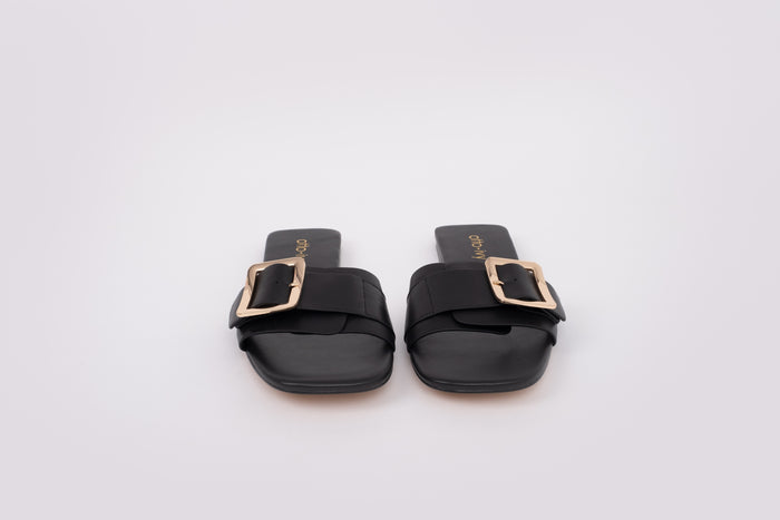 Front shot of womens black slide on sandal, ruby. Available in UK sizes 8-12