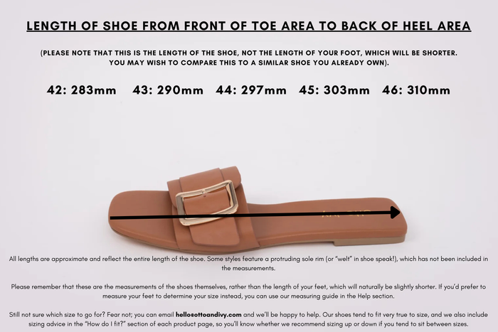 Measurement diagram displaying lengths of womens large size shoes in sizes 42,43,44,45 and 46.