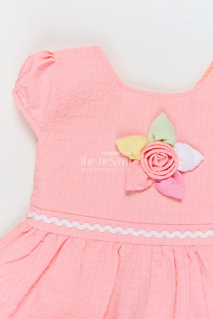 The Nesavu Girls Cotton Frock Seersucker Cotton Frock for Baby Girls’ Day-out Essentials Nesavu Nesavu baby girl seersucker frock with flower applique and puff sleeves for casual outings