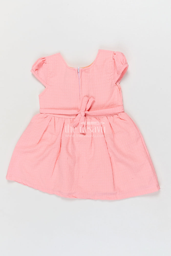 The Nesavu Girls Cotton Frock Seersucker Cotton Frock for Baby Girls’ Day-out Essentials Nesavu Nesavu baby girl seersucker frock with flower applique and puff sleeves for casual outings