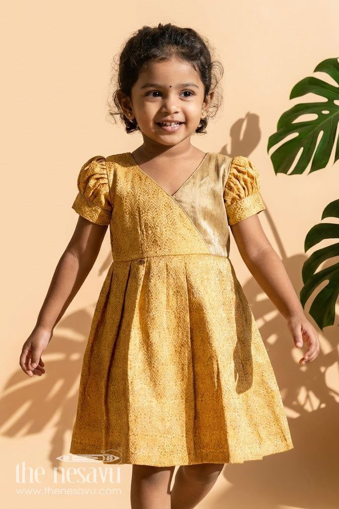 The Nesavu Silk Frock Semi Banarasi Frock for Toddler Girls for School Ethnic Day and Functions Nesavu 18 (2Y) / Yellow SF1058A-18 Nesavu semi banarasi silk frock toddler girls  perfect school ethnic day pujas