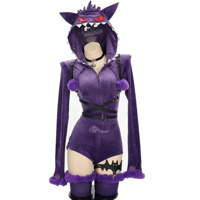Purple costume with animal-themed design on a mannequin against a white background