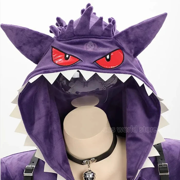 Purple hooded costume with sharp design on a mannequin against a white background