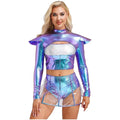 Woman wearing a futuristic, iridescent outfit on a white background